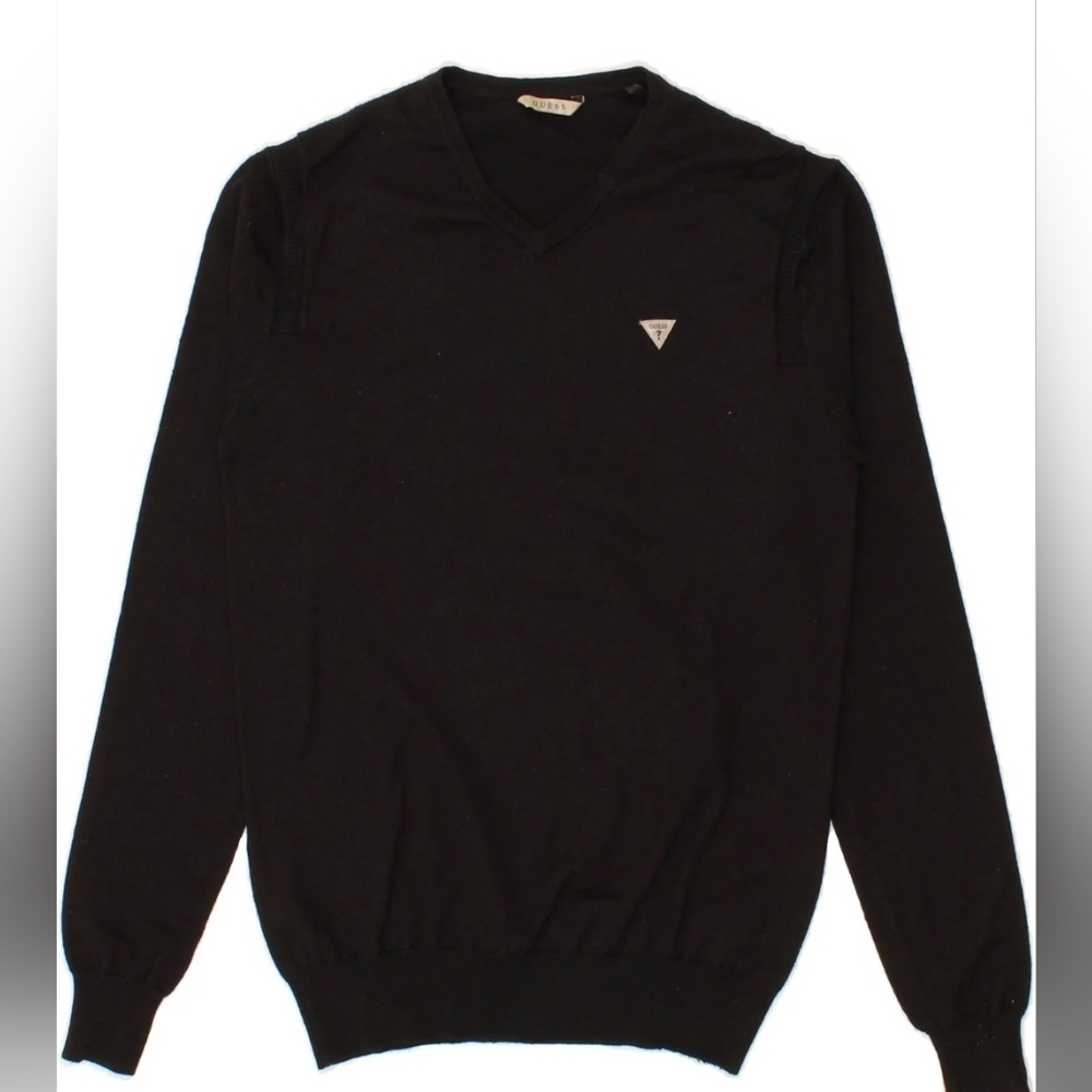 Guess Men's Jumper Sweater Casual V-Neck COTTON Regular Fit Black Size M